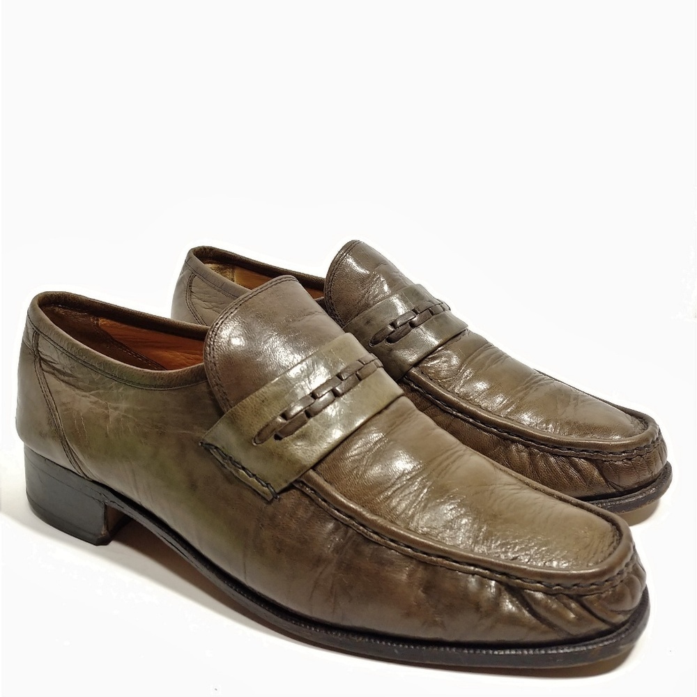 Mezlan Luxury Hand Burnished Olive Green Penny Loafers 10M